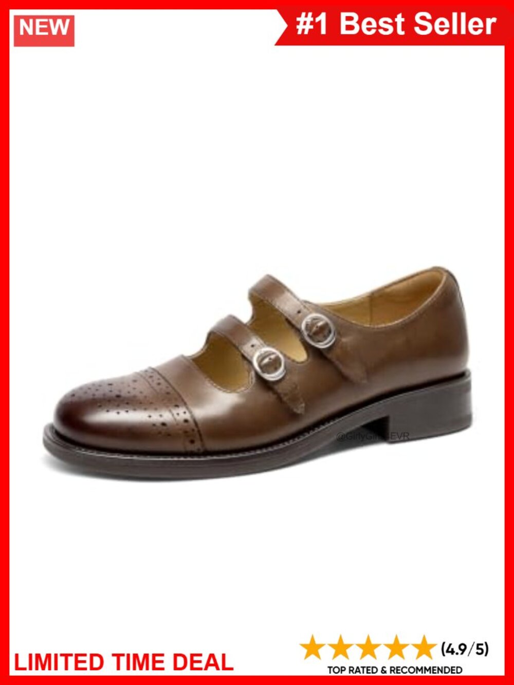 Leather Mary Jane Flats Double Buckle Brogue Comfort Women's Shoes